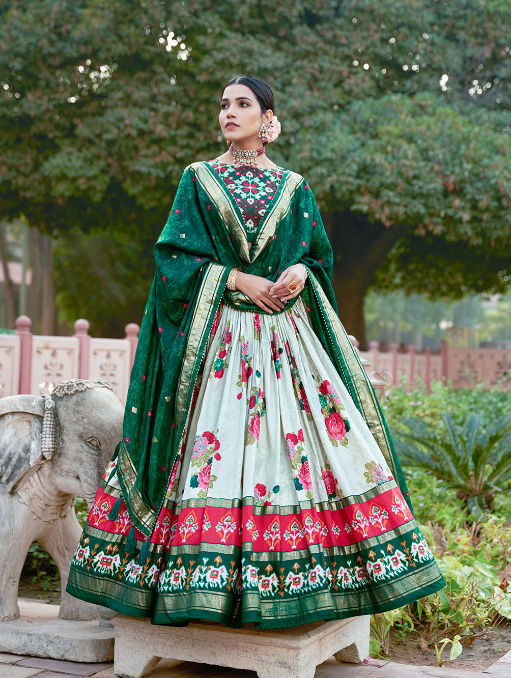 exquisite floral fantasy: tusser silk lehenga choli with intricate print and dupatta
