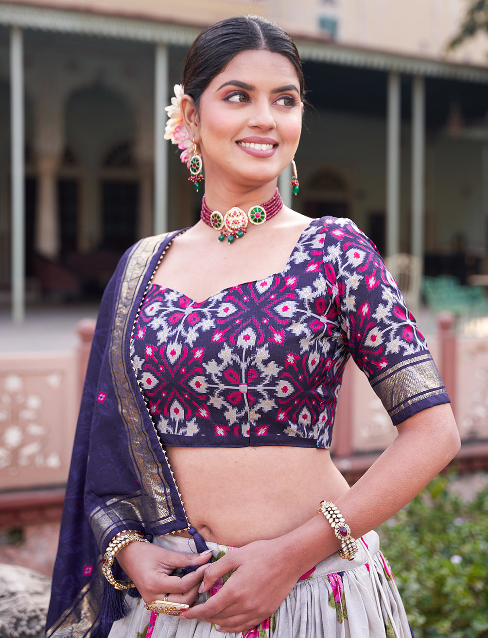 exquisite floral fantasy: tusser silk lehenga choli with intricate print and dupatta
