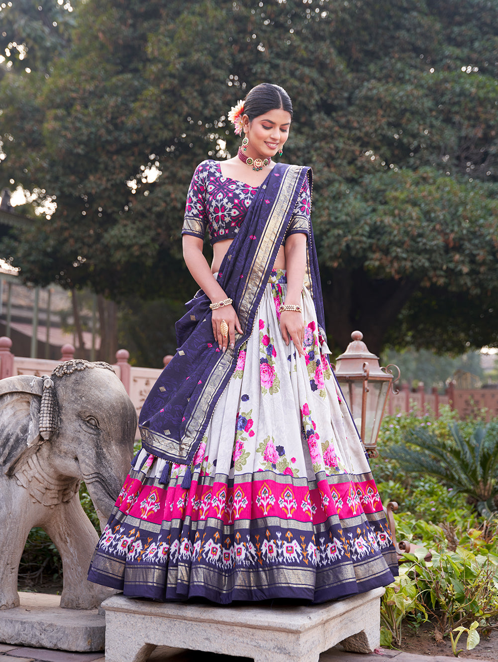 exquisite floral fantasy: tusser silk lehenga choli with intricate print and dupatta