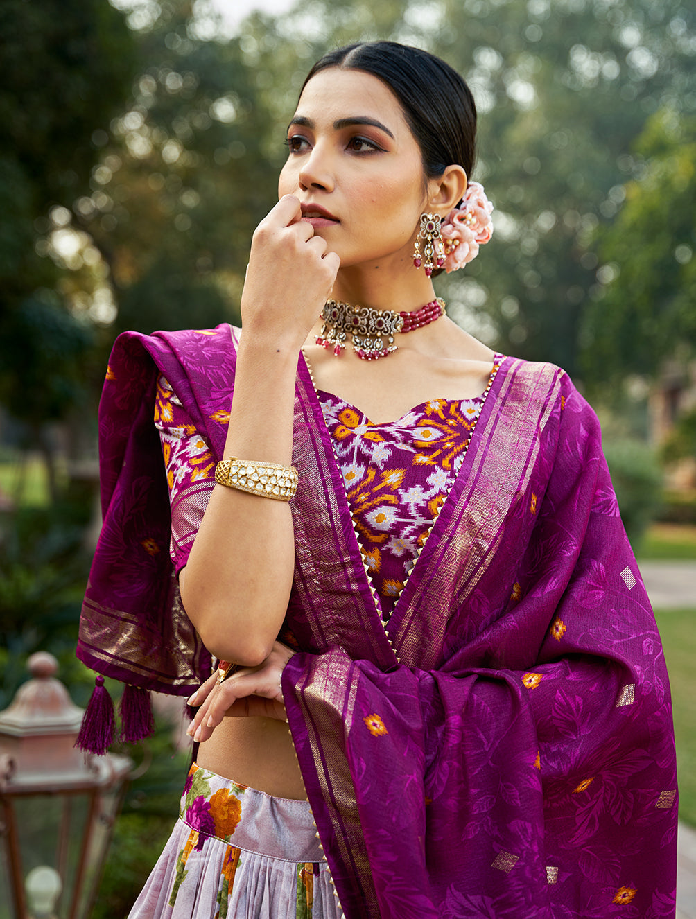 exquisite floral fantasy: tusser silk lehenga choli with intricate print and dupatta
