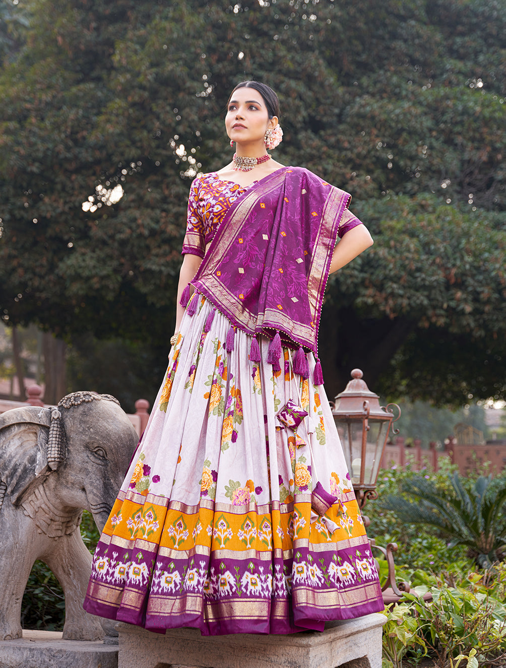 exquisite floral fantasy: tusser silk lehenga choli with intricate print and dupatta