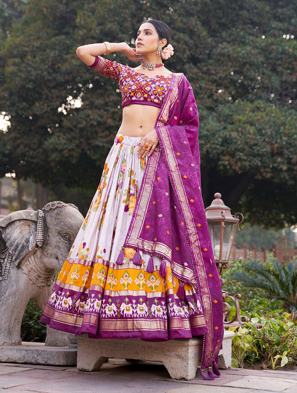 exquisite floral fantasy: tusser silk lehenga choli with intricate print and dupatta