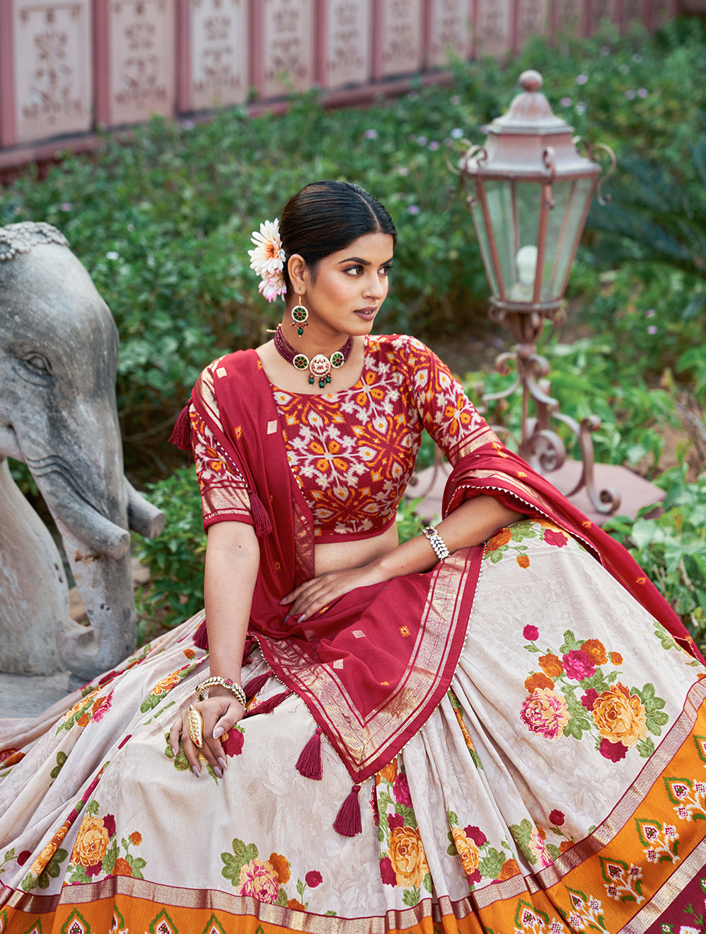 exquisite floral fantasy: tusser silk lehenga choli with intricate print and dupatta