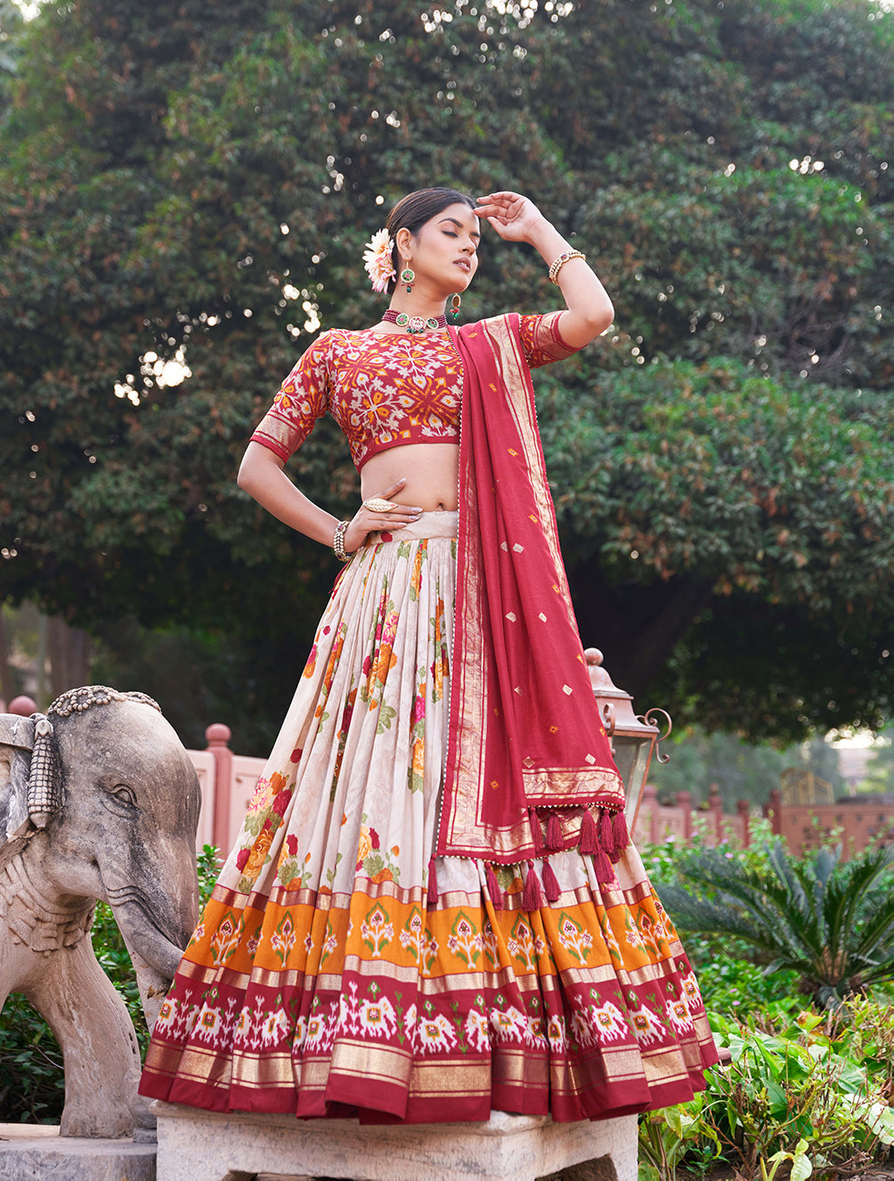 exquisite floral fantasy: tusser silk lehenga choli with intricate print and dupatta