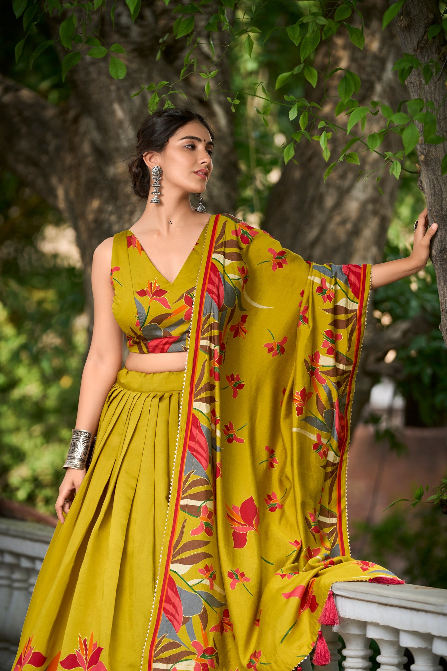 exquisite floral fantasy: tusser silk lehenga choli with intricate print and dupatta