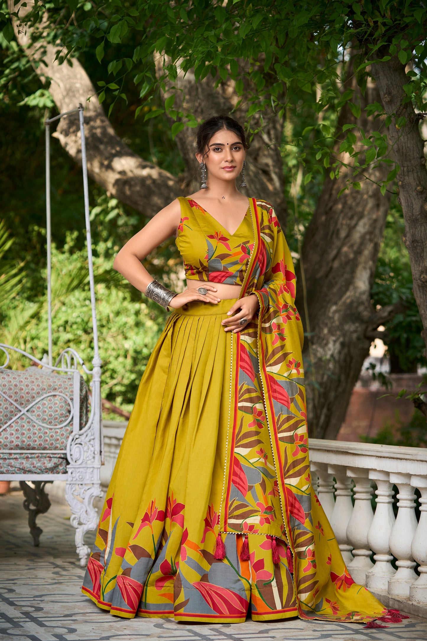 exquisite floral fantasy: tusser silk lehenga choli with intricate print and dupatta