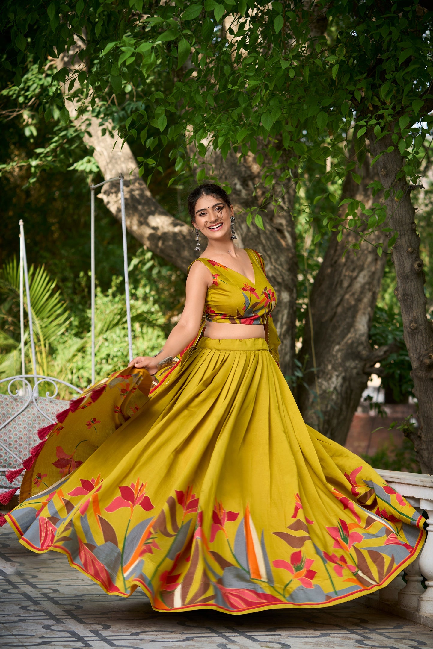 exquisite floral fantasy: tusser silk lehenga choli with intricate print and dupatta