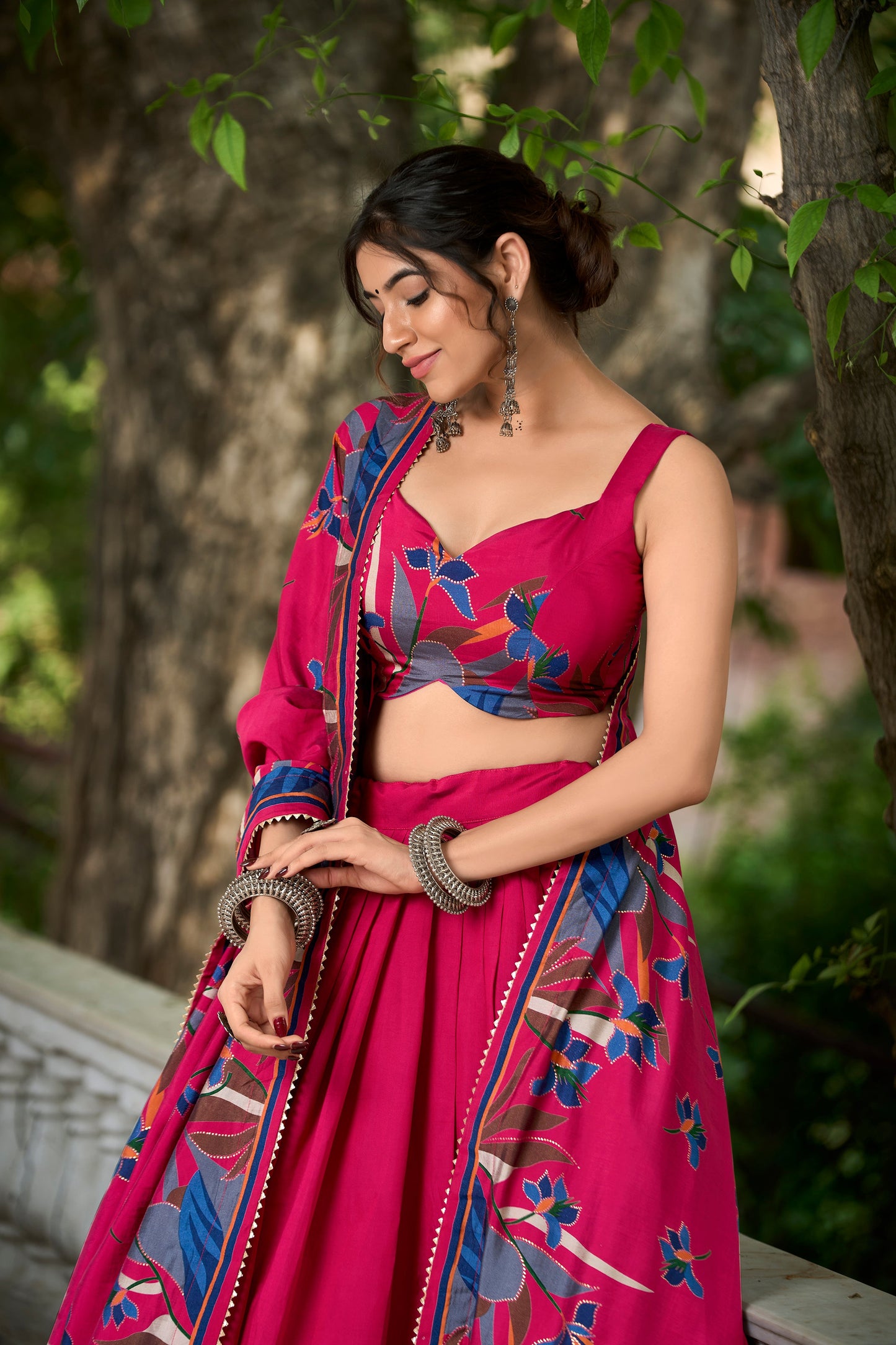 exquisite floral fantasy: tusser silk lehenga choli with intricate print and dupatta