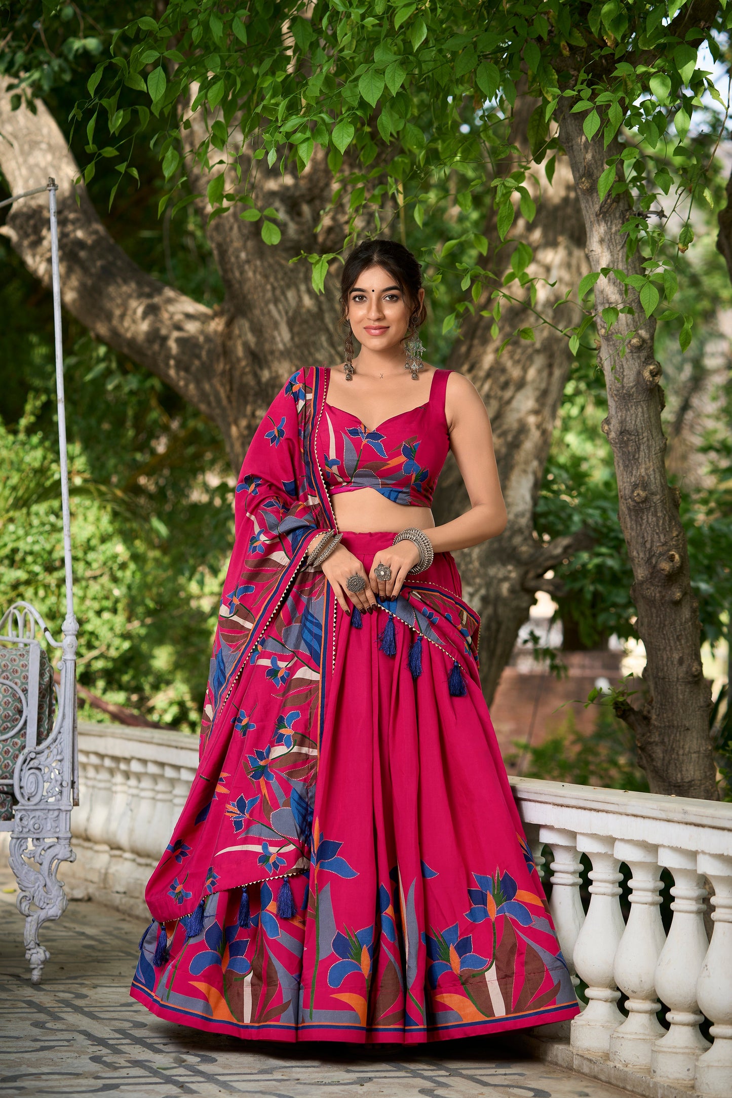 exquisite floral fantasy: tusser silk lehenga choli with intricate print and dupatta