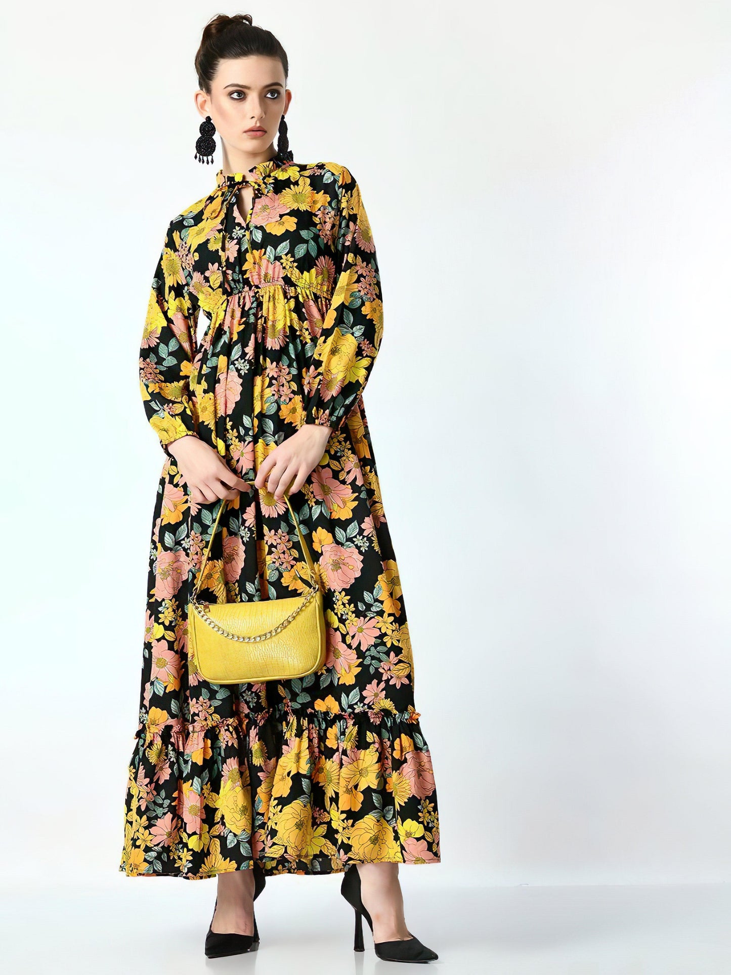 flower leaf yellow long dress