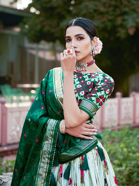 Exquisite Floral Fantasy: Tusser Silk Lehenga Choli with Intricate Print and Dupatta