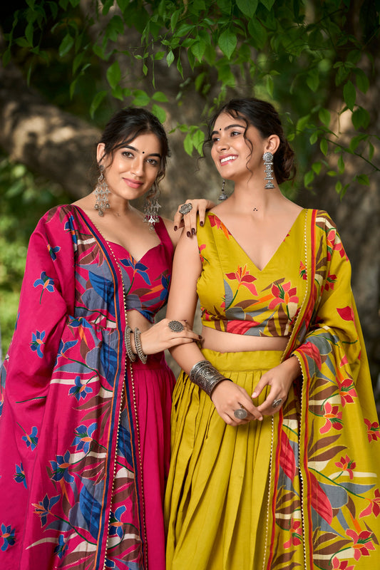Exquisite Floral Fantasy: Tusser Silk Lehenga Choli with Intricate Print and Dupatta