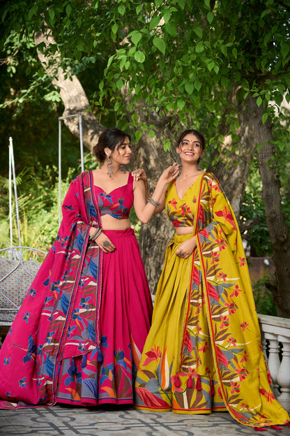 Exquisite Floral Fantasy: Tusser Silk Lehenga Choli with Intricate Print and Dupatta