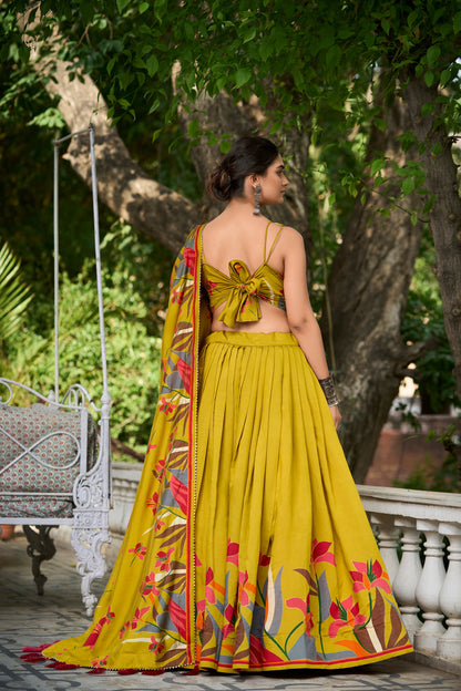 Exquisite Floral Fantasy: Tusser Silk Lehenga Choli with Intricate Print and Dupatta