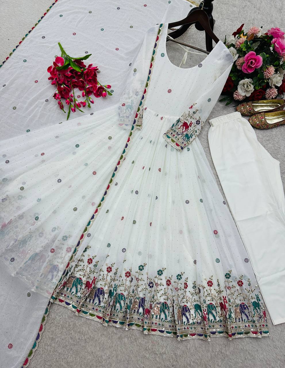 designer white georgette gown set with multicolor embroidered border