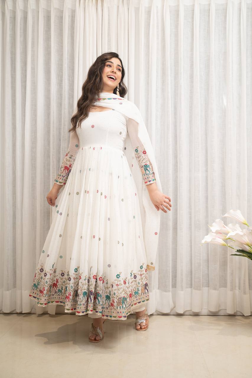 designer white georgette gown set with multicolor embroidered border