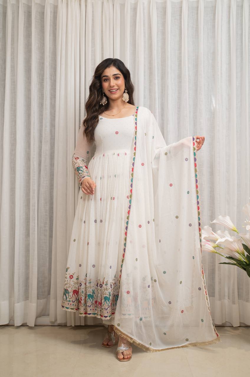 designer white georgette gown set with multicolor embroidered border