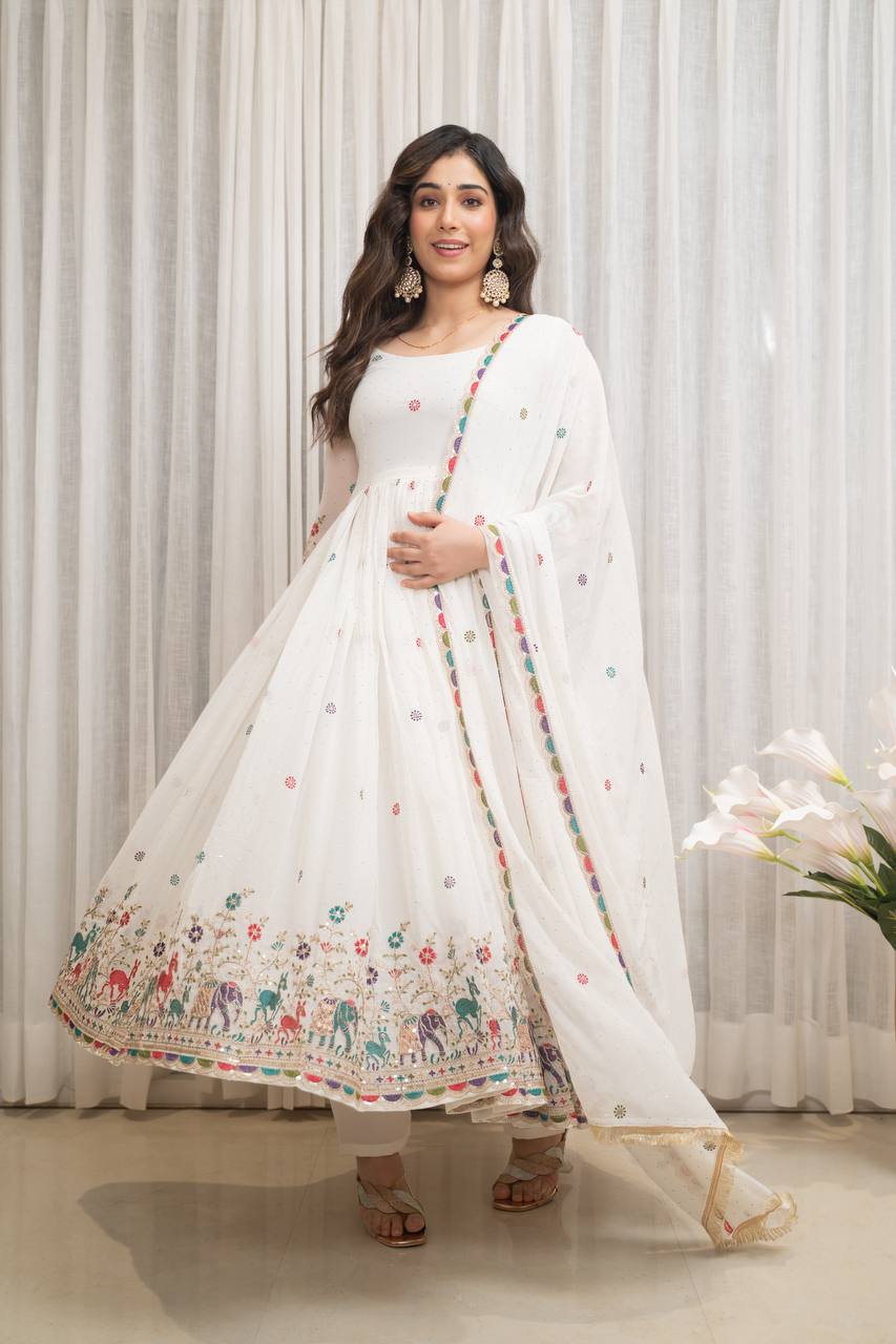 designer white georgette gown set with multicolor embroidered border